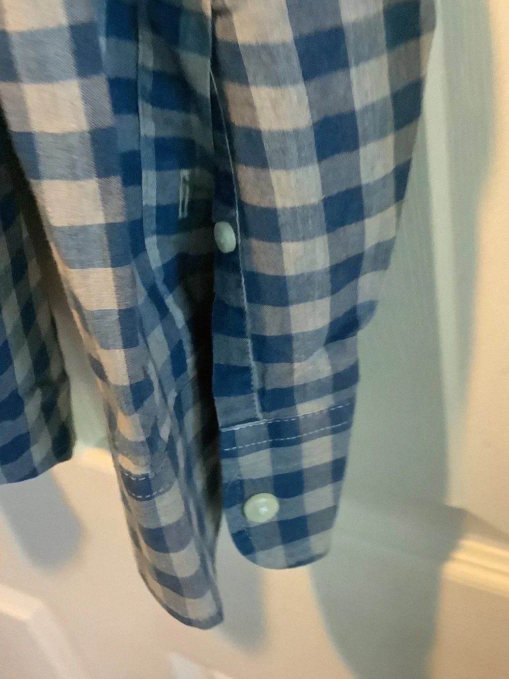 J. Crew Blue and White Gingham Button-Down Shirt, slim, untucked